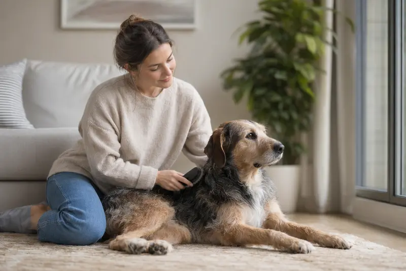 Ein Chien d'Artois wird zu Hause liebevoll gebürstet, während der Besitzer die Fellpflege aufmerksam übernimmt.