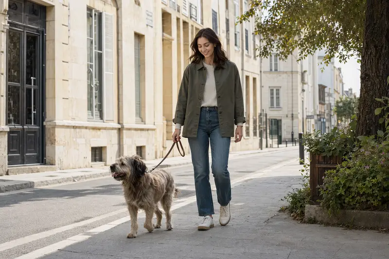 Ein Chien d'Artois läuft an der Leine mit seinem Besitzer entspannt durch eine moderne Stadtstraße.