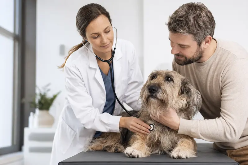 Ein ruhiger Chien d Artois auf dem Untersuchungstisch, während eine freundliche Tierärztin mit einem Stethoskop seine Gesundheit prüft.