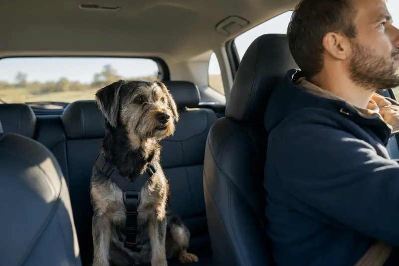Ein sicher angeschnallter Chien d Artois Hund auf der Rückbank eines Autos, während der Besitzer fährt.