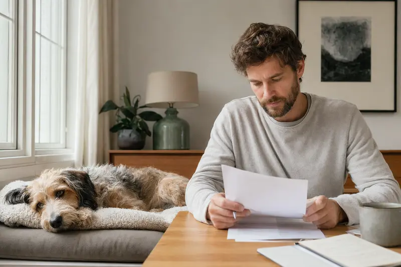 Ein Hundehalter sitzt mit einer Tierarztrechnung am Tisch, während ein ruhiger Chien d Artois entspannt auf einer Decke liegt und das Thema Tierarztkosten und Versicherung veranschaulicht.