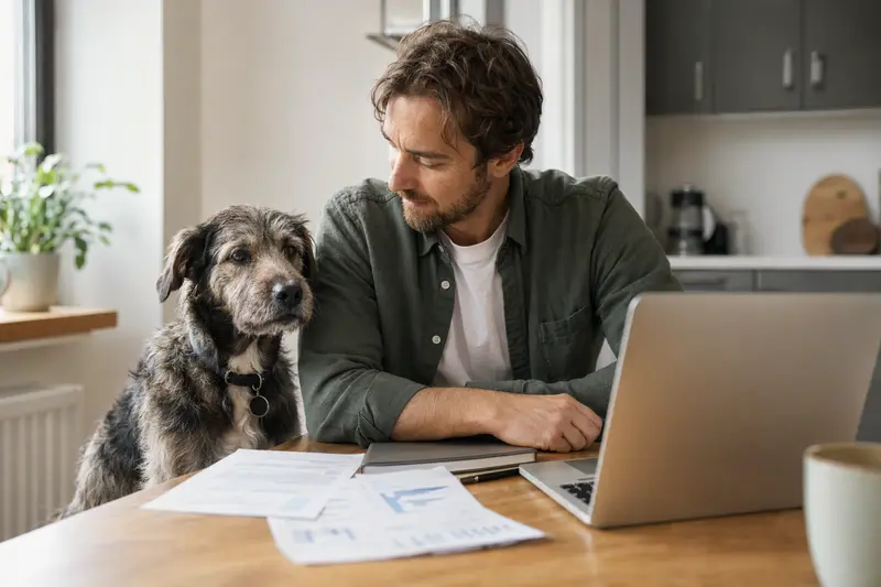 Ein Chien d Artois sitzt ruhig neben seinem Besitzer am Küchentisch, während Versicherungsunterlagen und ein Laptop sichtbar sind.
