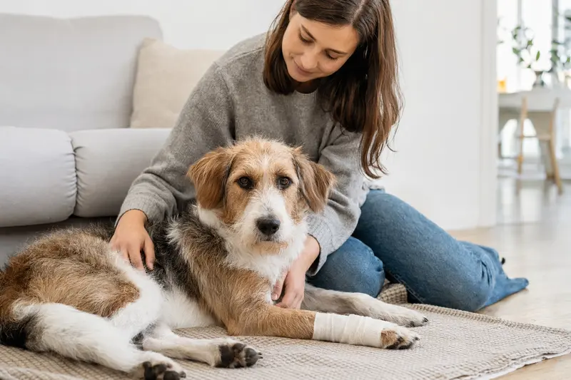 Ein Chien d'Artois Hund mit Bandage an der Pfote liegt bequem auf einer Decke, während sein entspannter Besitzer daneben sitzt.