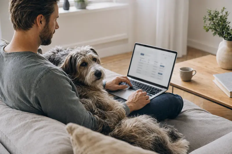 Besitzer sitzt auf dem Sofa mit Laptop, während ein Chien d Artois neben ihm liegt und eine neutrale Versicherungsvergleichs-Oberfläche sichtbar ist.