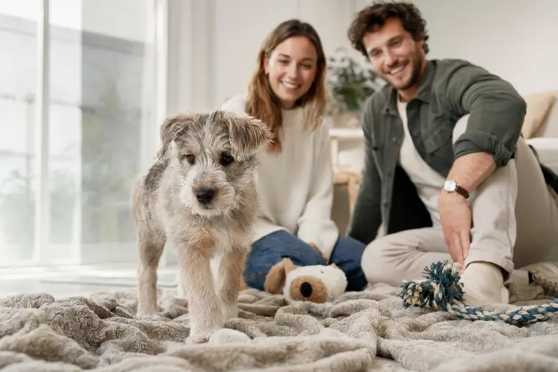 Ein neugieriger Chien d Artois Welpe erkundet sein neues Zuhause mit liebevoller Familie im Hintergrund.