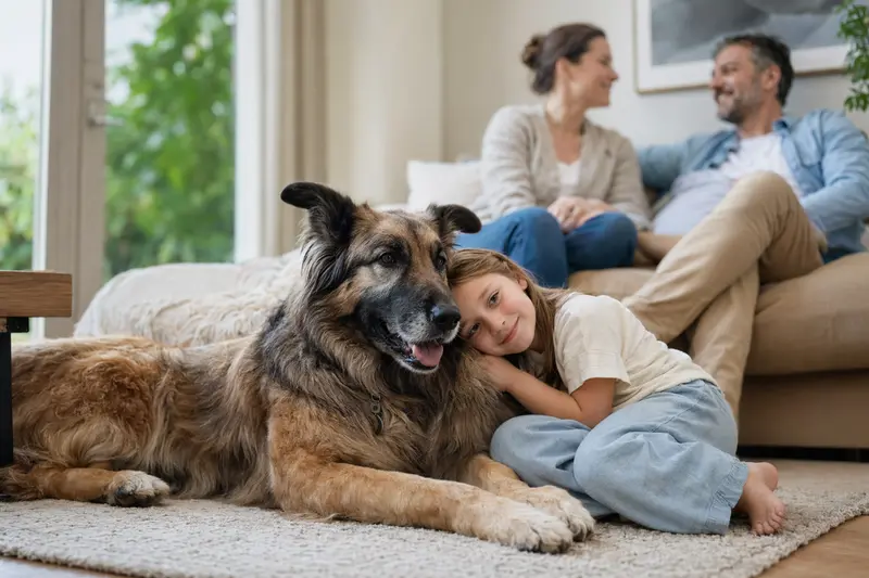 Ein Chien de Trait Belge liegt entspannt neben einem Kind im hellen Wohnzimmer in einer sicheren Familienatmosphäre.