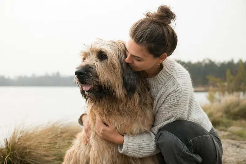 Ein aufmerksam stehender Chien de Trait Belge vor hellem Hintergrund in einem realistischen Tierportrait.