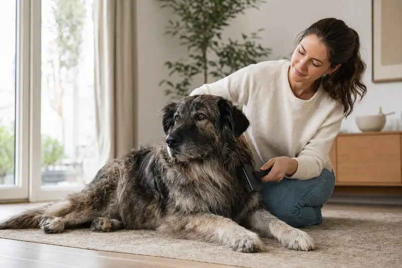 Ein Chien de Trait Belge wird in einer hellen Wohnung sanft gebürstet, während sein Besitzer liebevoll die Fellpflege übernimmt.