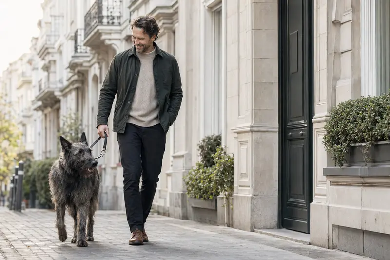 Ein Chien de Trait Belge läuft an der Leine mit seinem Besitzer durch eine moderne, saubere Stadtstraße.