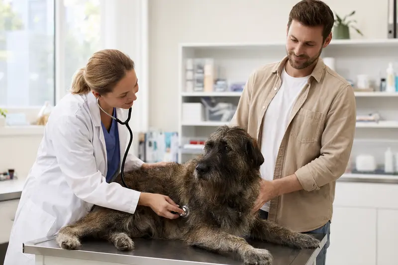 Eine Tierärztin untersucht einen ruhigen Chien de Trait Belge mit dem Stethoskop, während der Besitzer in der modernen Tierarztpraxis beruhigend danebensteht.