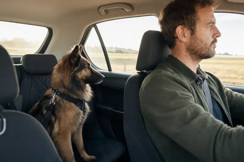Ein sicher angeschnallter Chien de Trait Belge sitzt auf der Rückbank eines Autos, während der Besitzer ruhig fährt.