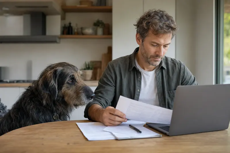 Ein Chien de Trait Belge sitzt ruhig neben seinem Besitzer am Küchentisch mit Versicherungsunterlagen und Laptop, passend zum Thema Tierkrankenversicherung.