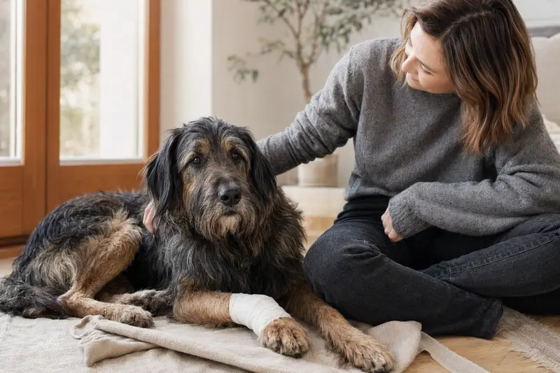 Ein Chien de Trait Belge mit leicht verbundenen Pfote liegt ruhig auf einer Decke, während sein Besitzer erleichtert neben ihm sitzt.