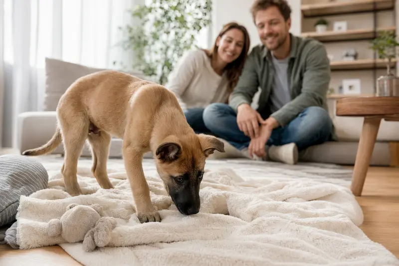 Junger Chien de Trait Belge Welpe entdeckt neugierig sein neues Zuhause mit weicher Decke und Spielzeug in einer hellen Wohnung.
