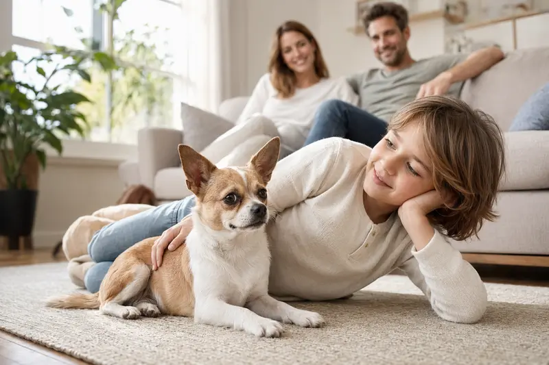 Ein entspannter Chihuahua liegt neben einem Kind im Wohnzimmer, umgeben von einer warmen Familienatmosphäre.