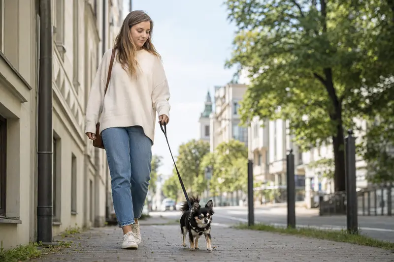 Ein Chihuahua läuft an der Leine mit seinem Besitzer durch eine moderne Stadtstraße in entspannter Alltagssituation.