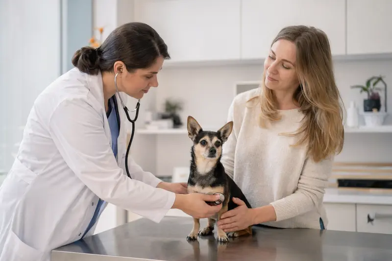 Ein ruhiger Chihuahua auf dem Untersuchungstisch wird von einer freundlichen Tierärztin mit Stethoskop untersucht.