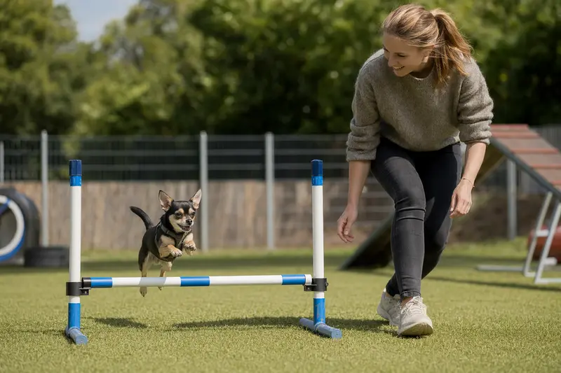 Ein aktiver Chihuahua trainiert mit seinem Besitzer auf dem Hundeplatz an einer kleinen Hürde.
