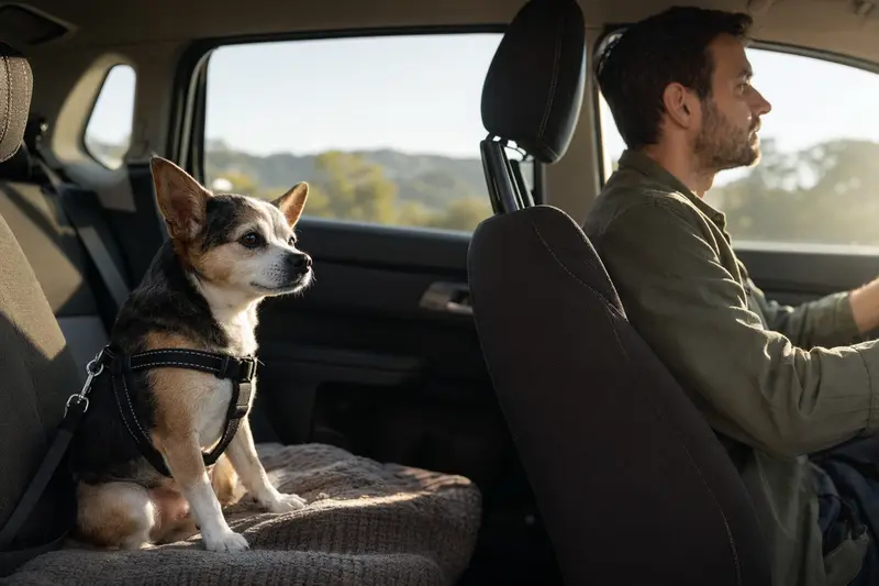 Ein Chihuahua Hund sitzt sicher angeschnallt auf der Rückbank eines Autos, während sein Besitzer fährt.