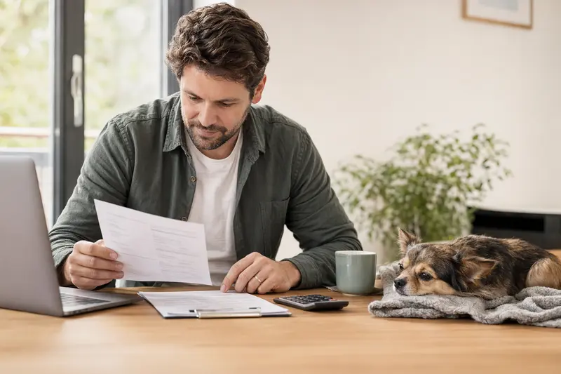 Ein Hundehalter sitzt mit einer Tierarztrechnung am Tisch, während ein entspannter Chihuahua auf einer Decke liegt und das Thema Tierarztkosten bei der Hundeversicherung ruhig veranschaulicht.