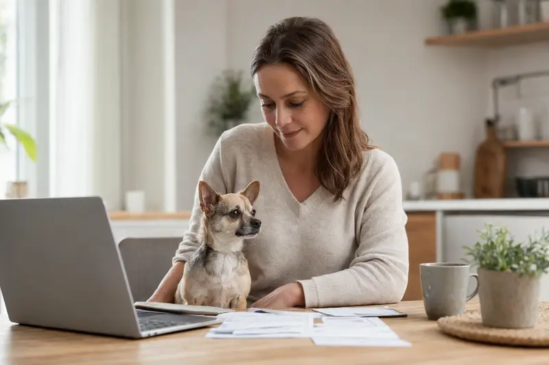 Chihuahua sitzt am Küchentisch neben seinem Besitzer, auf dem Tisch liegen Versicherungsunterlagen und ein Laptop.
