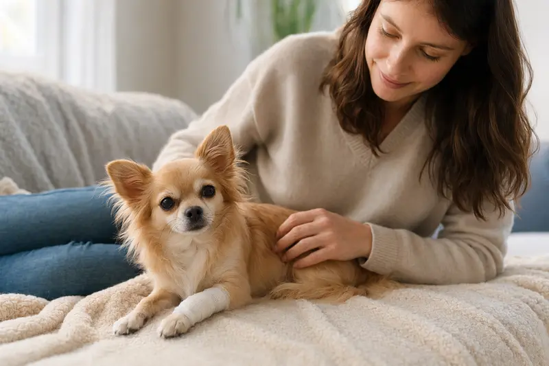 Ein Chihuahua mit leichtem Verband an der Pfote entspannt sich auf einer Decke, während sein Besitzer beruhigt neben ihm sitzt.