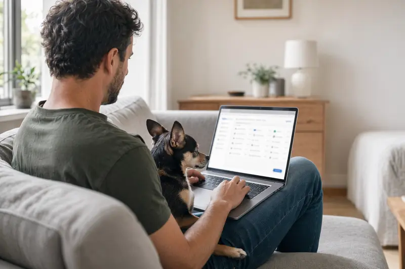 Ein Besitzer mit einem Chihuahua Hund sitzt entspannt auf dem Sofa und vergleicht Versicherungen am Laptop.