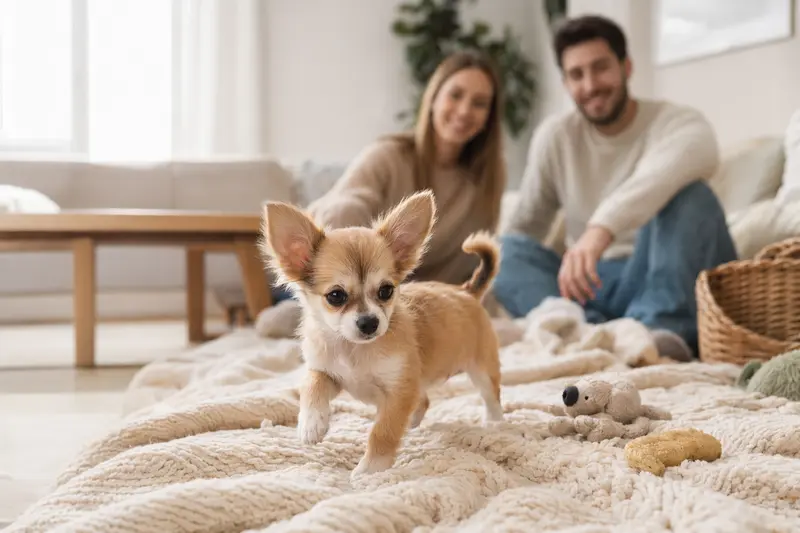 Ein junger Chihuahua Welpe erkundet neugierig seine neue helle Wohnung mit weicher Decke und Spielzeug.