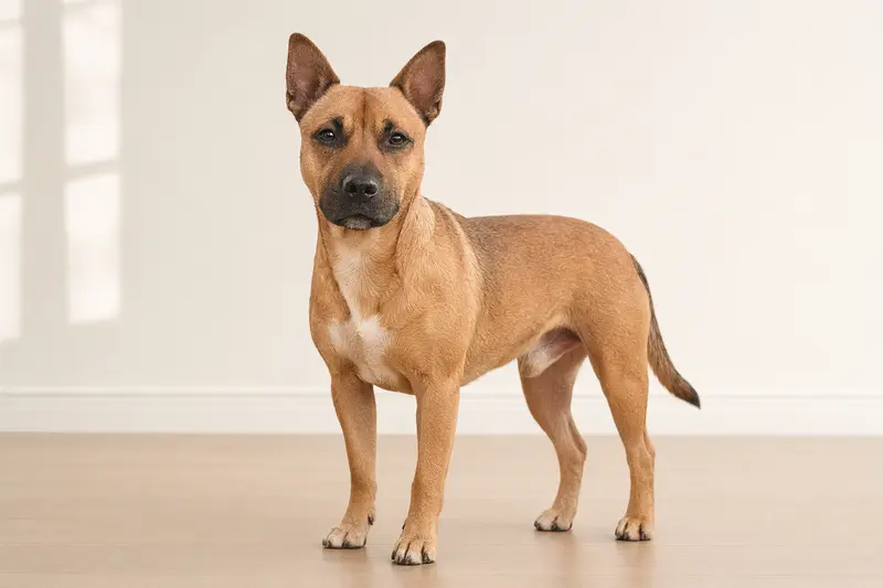 Ein Chincha Bull Hund steht aufmerksam in natürlicher Haltung vor hellem Hintergrund.