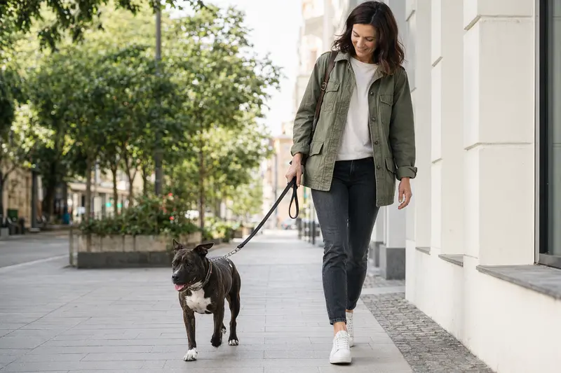 Ein Chincha Bull Hund läuft entspannt an der Leine mit seinem Besitzer durch eine moderne Stadtstraße.