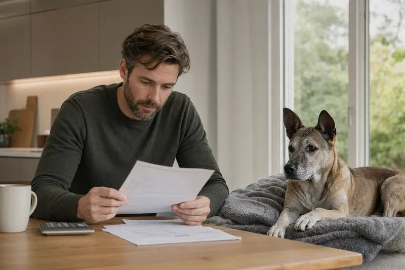 Ein Hundehalter sitzt mit einer Tierarztrechnung am Tisch, während ein entspannter Chincha Bull Hund auf einer Decke in der hellen Wohnung liegt.