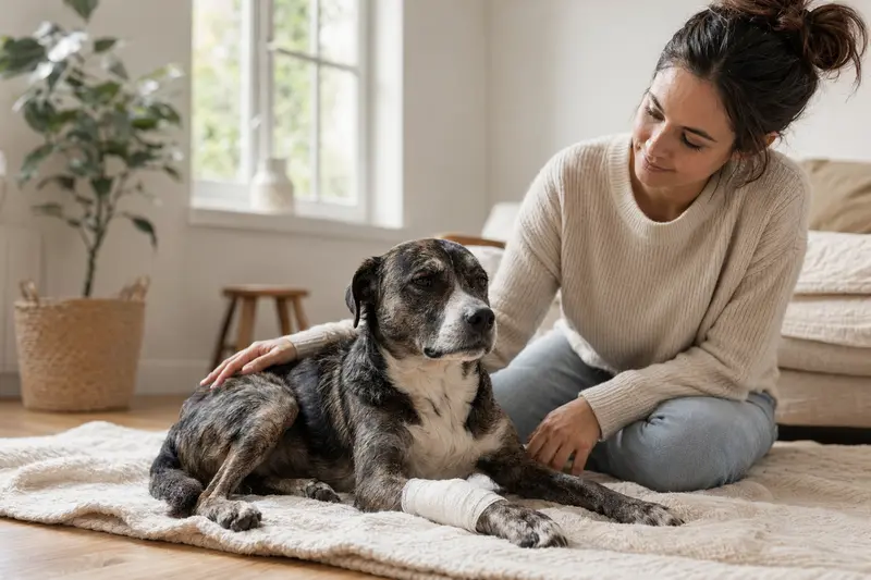 Ein entspannter Chincha Bull Hund mit einem leichten Verband an der Pfote liegt auf einer Decke, während sein Besitzer daneben sitzt und erleichtert wirkt.