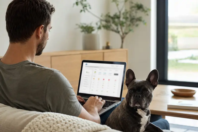 Ein Hundebesitzer sitzt auf dem Sofa mit einem Laptop, während ein Chincha Bull Hund neben ihm liegt und eine neutrale Versicherungsvergleichs-Oberfläche auf dem Bildschirm angezeigt wird.