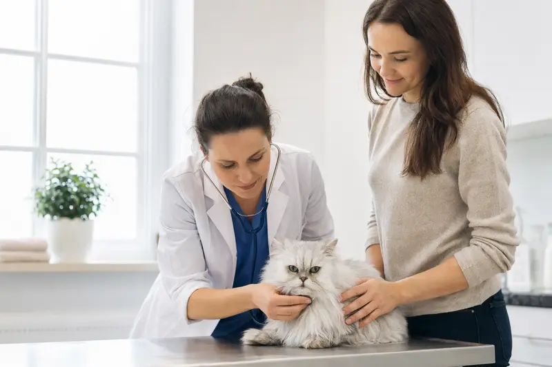 Eine ruhige Chinchilla-Perser Katze wird von einer freundlichen Tierärztin auf einem Untersuchungstisch untersucht.