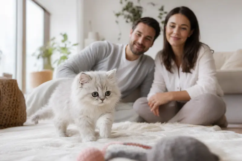 Ein neugieriges Chinchilla-Perser Katzen Kitten entdeckt sein neues Zuhause mit liebevoller Familie im Hintergrund.