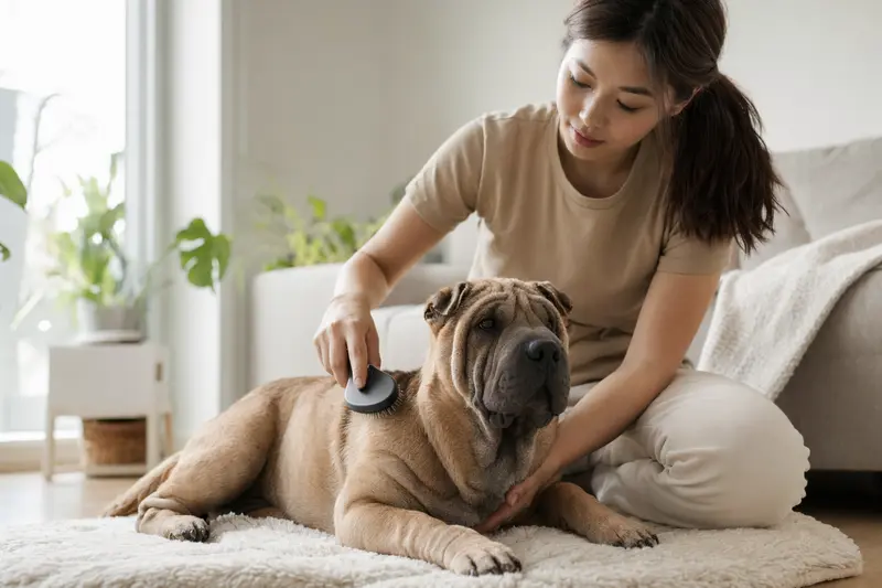 Ein Chinesischer Faltenhund wird in einer hellen Wohnung sanft gebürstet, während sein Besitzer sich liebevoll um die Fellpflege kümmert.