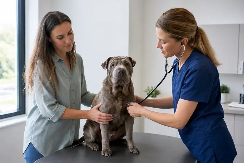 Ein ruhiger Chinesischer Faltenhund wird von einer freundlichen Tierärztin in einer modernen Tierarztpraxis mit einem Stethoskop untersucht.