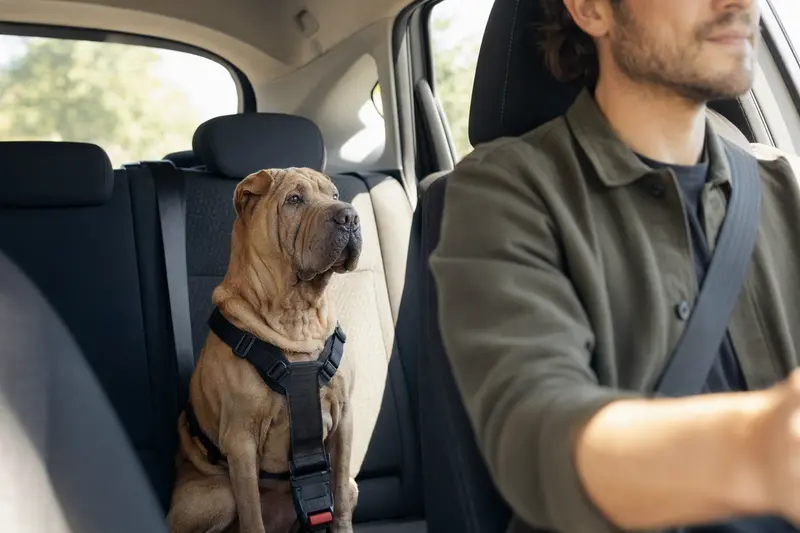 Ein sicher angeschnallter Chinesischer Faltenhund auf der Rückbank eines Autos, während die Sonne durch das Fenster scheint.