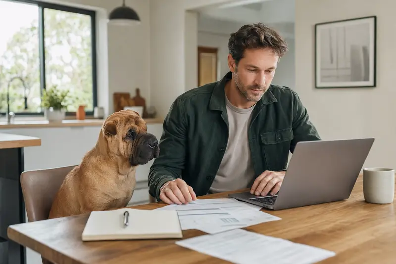 Ein ruhiger Chinesischer Faltenhund sitzt neben seinem Besitzer am Küchentisch, auf dem Versicherungsunterlagen und ein Laptop liegen.