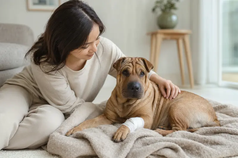 Ein Chinesischer Faltenhund liegt auf einer Decke, während sein Besitzer zufrieden an seiner Seite sitzt.