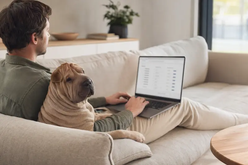 Ein Hundehalter sitzt mit einem Laptop auf dem Sofa, neben ihm ein Chinesischer Faltenhund, während er sich über Tierversicherungen informiert.