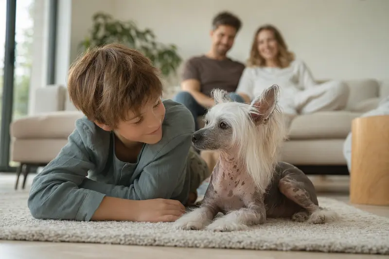Ein freundlicher Chinesischer Haarloser Schopfhund entspannt neben einem Kind im Wohnzimmer.