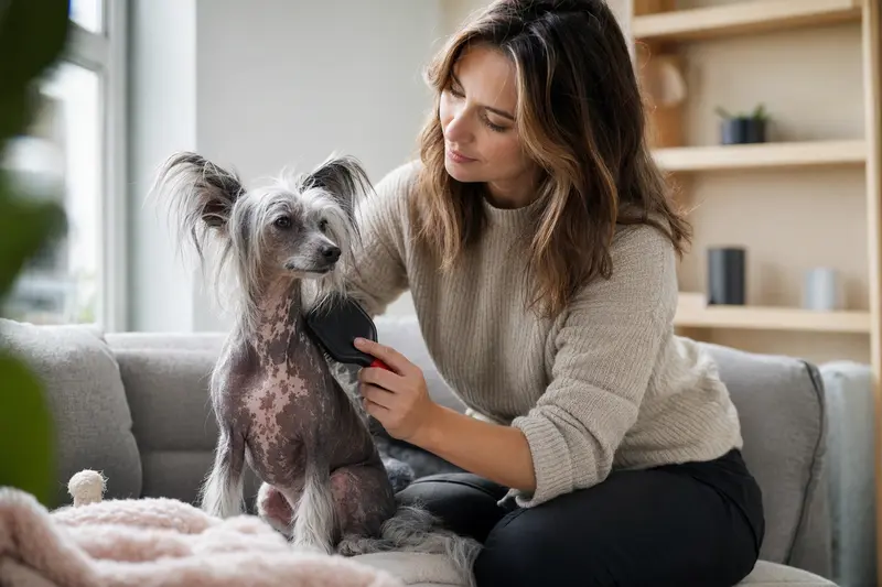 Ein Chinesischer Haarloser Schopfhund wird in einer hellen Wohnung liebevoll gebürstet, während sich der Besitzer sanft um die Fellpflege und Gesundheit des Hundes kümmert.