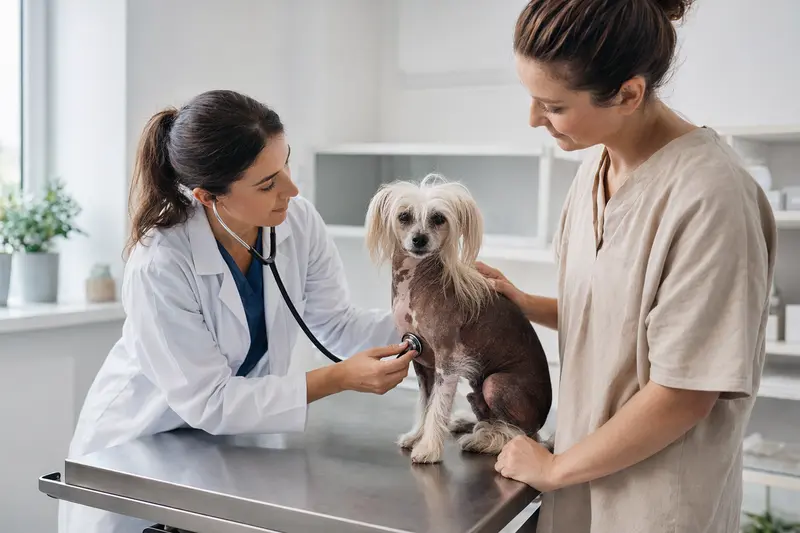 Ein Chinesischer Haarloser Schopfhund wird von einer Tierärztin auf einem Untersuchungstisch gründlich untersucht.
