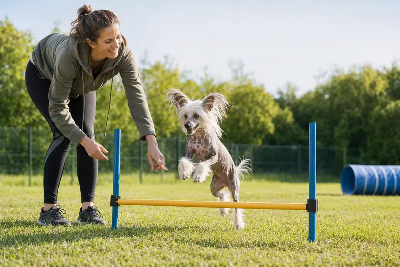 Ein aktiver Chinesischer Haarloser Schopfhund trainiert mit seinem Besitzer auf einem Hundeplatz an einer kleinen Trainingshürde.
