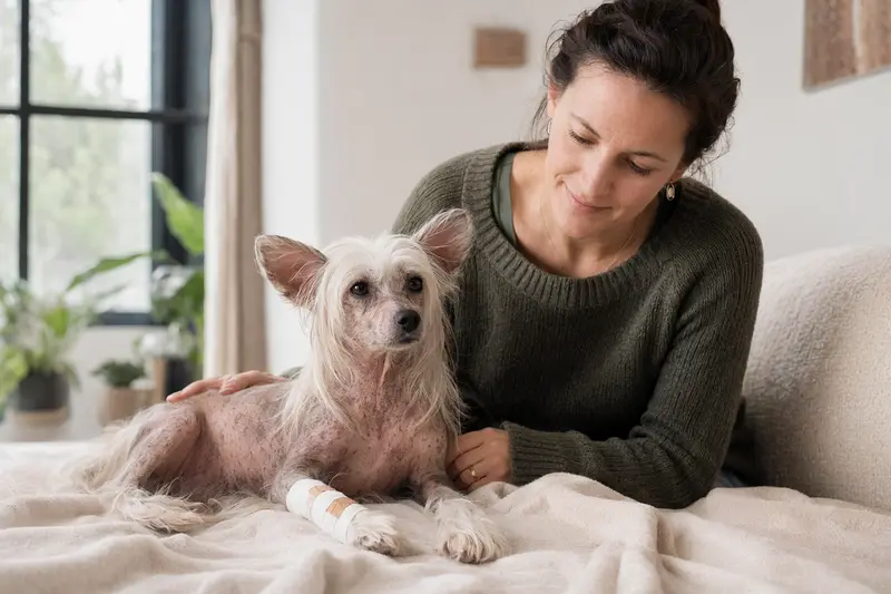 Ein Chinesischer Haarloser Schopfhund liegt entspannt auf einer Decke, während sein Besitzer beruhigt neben ihm sitzt.