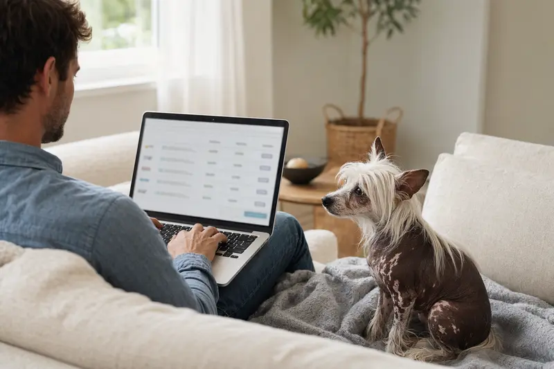 Besitzer mit Laptop auf dem Sofa, mit einem Chinesischen Haarlosen Schopfhund, zeigt eine neutrale Versicherungsvergleichs-Oberfläche.