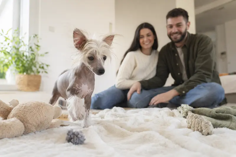 Ein junger Chinesischer Haarloser Schopfhund Welpe erkundet neugierig sein neues Zuhause mit einer weichen Decke und Spielsachen im Hintergrund.