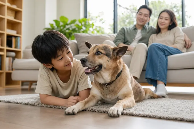 Ein entspannter Chinesischer Kampfhund liegt neben einem Kind im Wohnzimmer und schafft eine vertrauensvolle Familienatmosphäre.