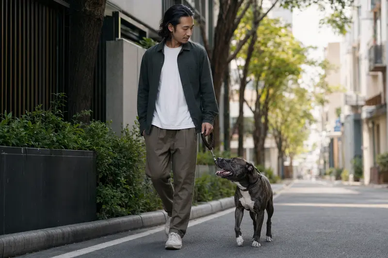 Ein Chinesischer Kampfhund läuft an der Leine mit seinem Besitzer durch eine moderne Stadtstraße.